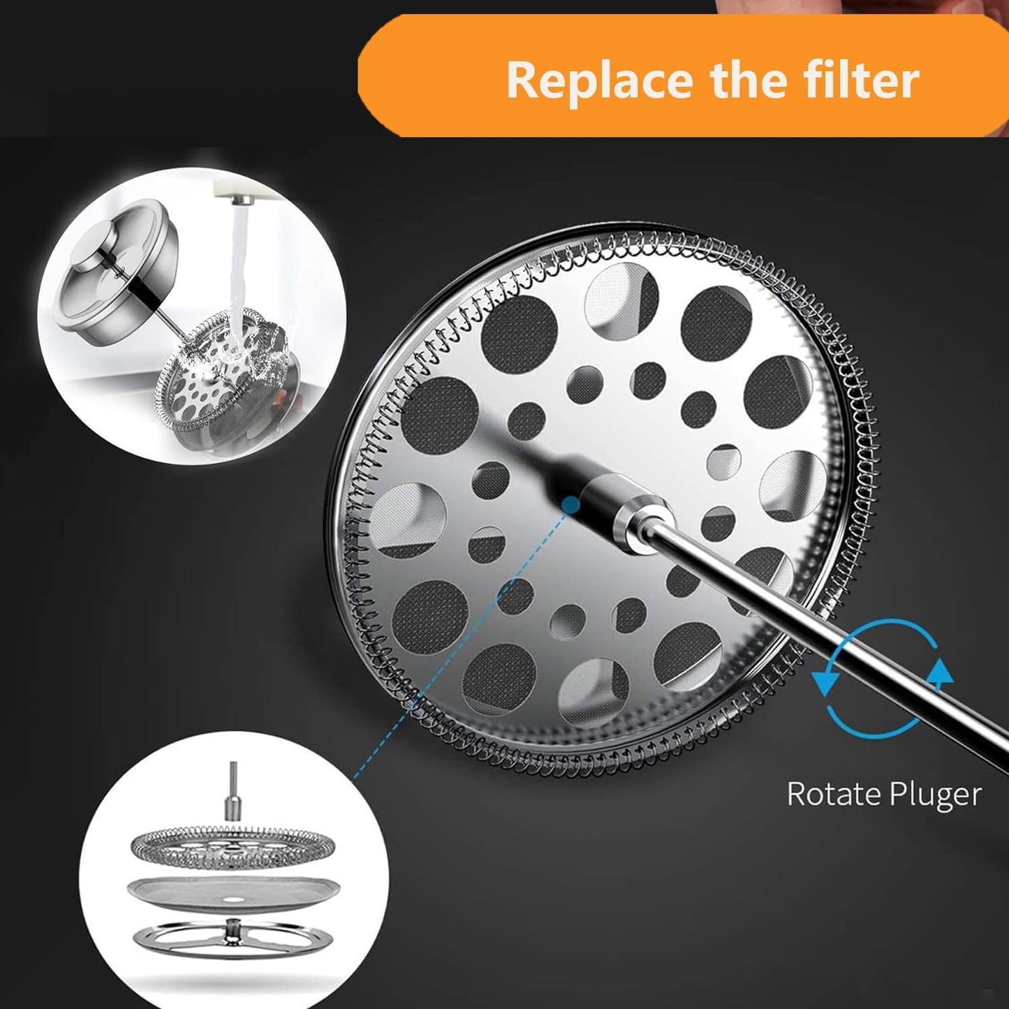 Stainless Steel French Press Coffee Maker 1500ml, Black Double-Wall Insulated Large French Coffee Press for travel camping,Large Capacity (50oz, Black)