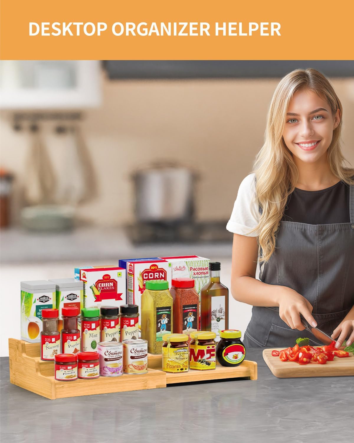 Spice Rack Organizer, 3 Tier Expandable Bamboo Spice Rack Organizer, Great for Kitchen Cabinet, Cupboard, Pantry and More-Bamboo(2pack)