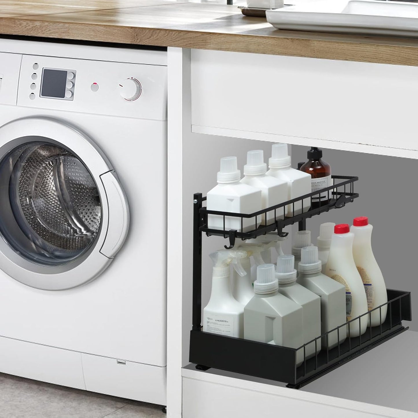 Under Sink Organizer and Storage Shelves With Sliding Drawe, 2 Tier Pull Out Sink Organizers And Storage, Metal Sliding Drawer for Kitchen Bathroom Pantry Cabinet Closet Organization Rack, Black