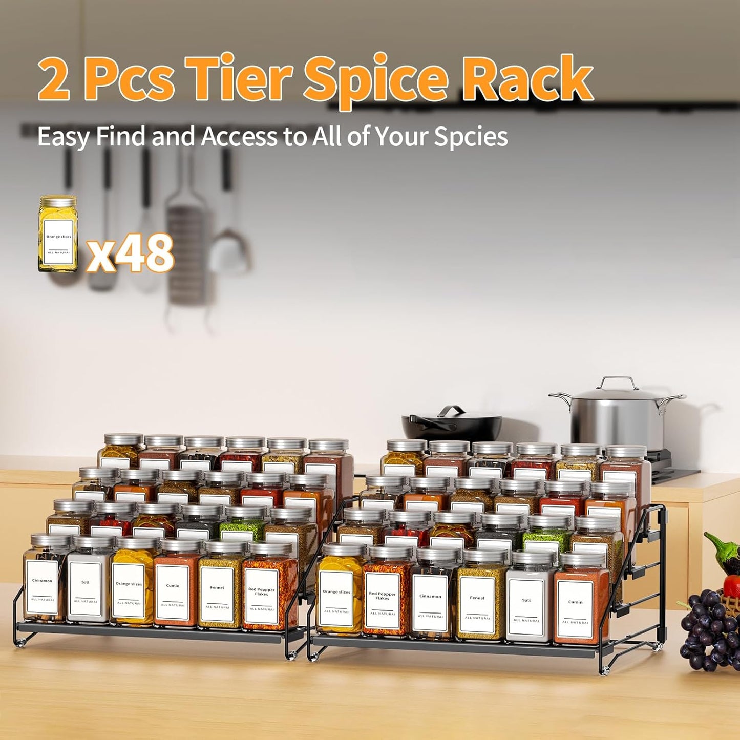 4 Tier Spice Rack Organzier, Spice Rack for Cabinet, Adjustable Depth Seasoning Shelf for Countertop, Pantry, Seasoning Organizer, Metal, Black (2 Pack)
