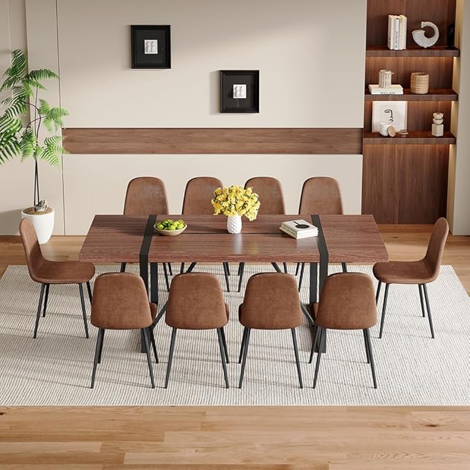 86.6" Dining Table Set for 10, Modern 11 Piece Wood Kitchen Table and Chairs Set, Large Rectangle Dining Table with 10 Suede Upholstered Chairs, Perfect for Family Gatherings and Dining Room