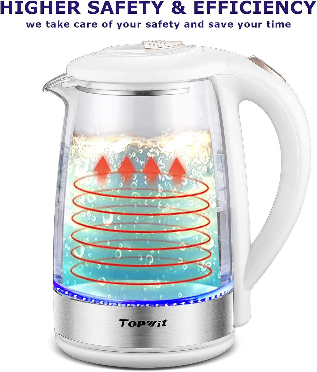 Topwit Electric Kettle Glass Electric Tea Kettle, 2L BPA-Free Hot Water kettle, Stainless Steel Inner Lid and Bottom Water Warmer, Fast Heating with Auto Shut-Off and Boil Dry Protection, White