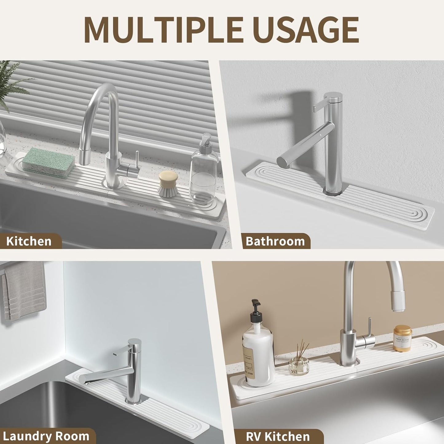 Faucet Mat for Kitchen Sink, Diatomite Stone Drying Sink Protectors, Bathroom Faucet Splash Guard, Quick Dry Water Absorbing, Non-Slip Stone Tray for Kitchen Counter, White, 15.7" x 3.9"