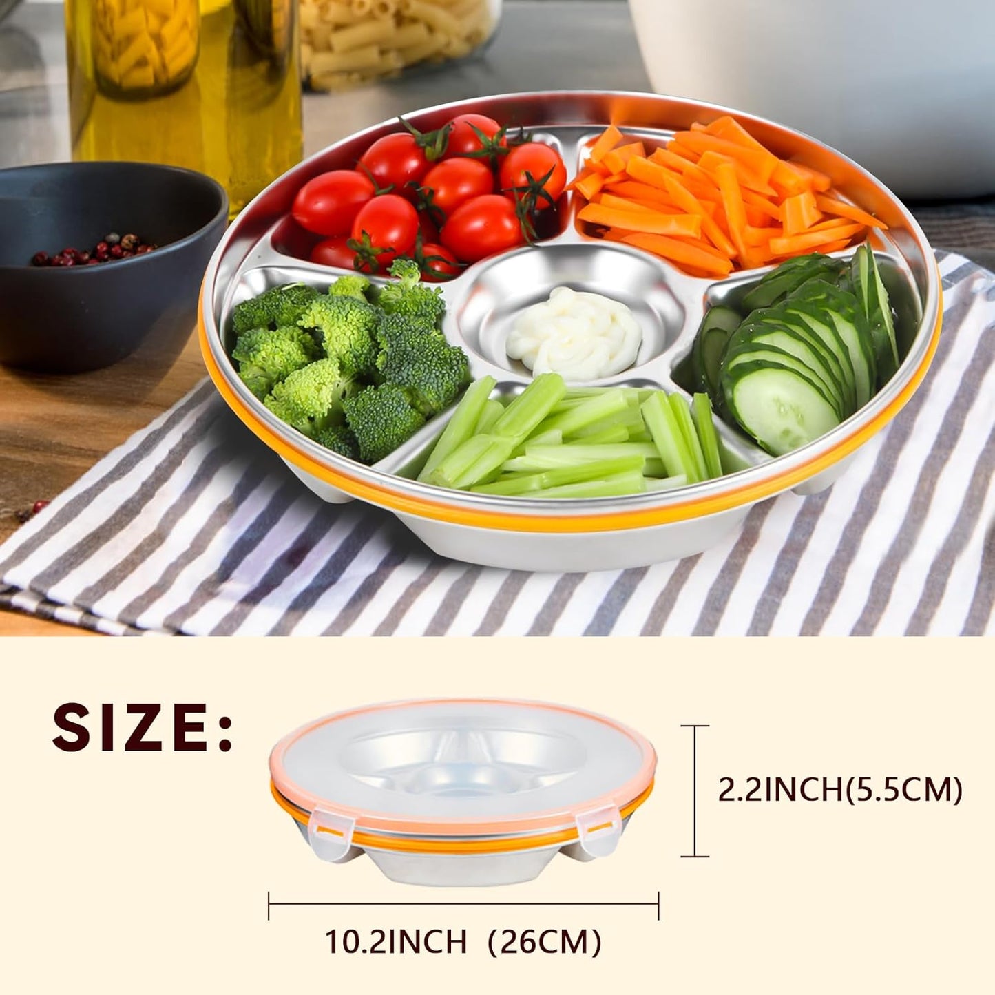 6-Compartment Stainless Steel Serving Tray with Lid - 10-inch Divided Snack/Vegetable/Fruit Tray for Christmas Parties, Snackle Box & Platter Container