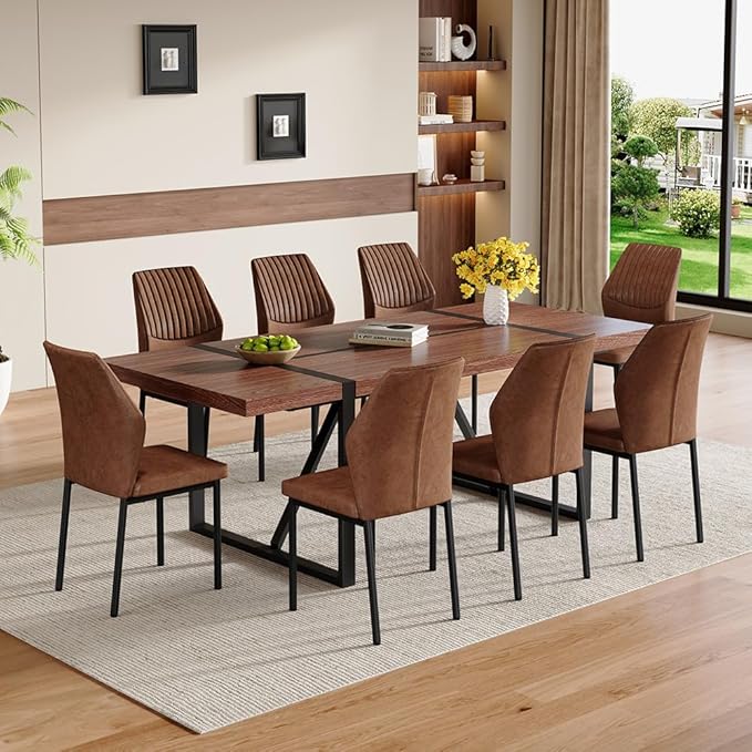 86.6" Dining Table Set for 8, Modern 9 Piece Wood Kitchen Table and Chairs Set, Rectangle Dining Room Table with 8 PU Leather Upholstered Chairs, Ideal for Home, Kitchen, or Apartment Dining