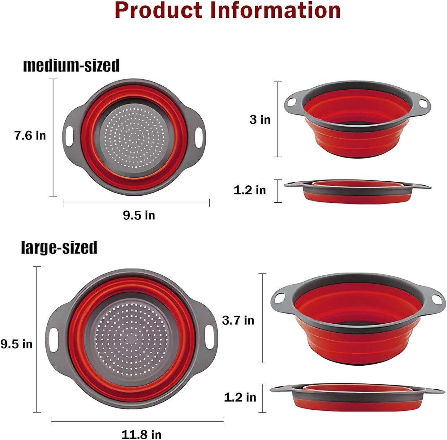 Collapsible Colander Set of 2 Silicone Kitchen Strainer Set, Perfect for Draining Pasta, Vegetable and fruit for Kitchen and Travel Use (Red)