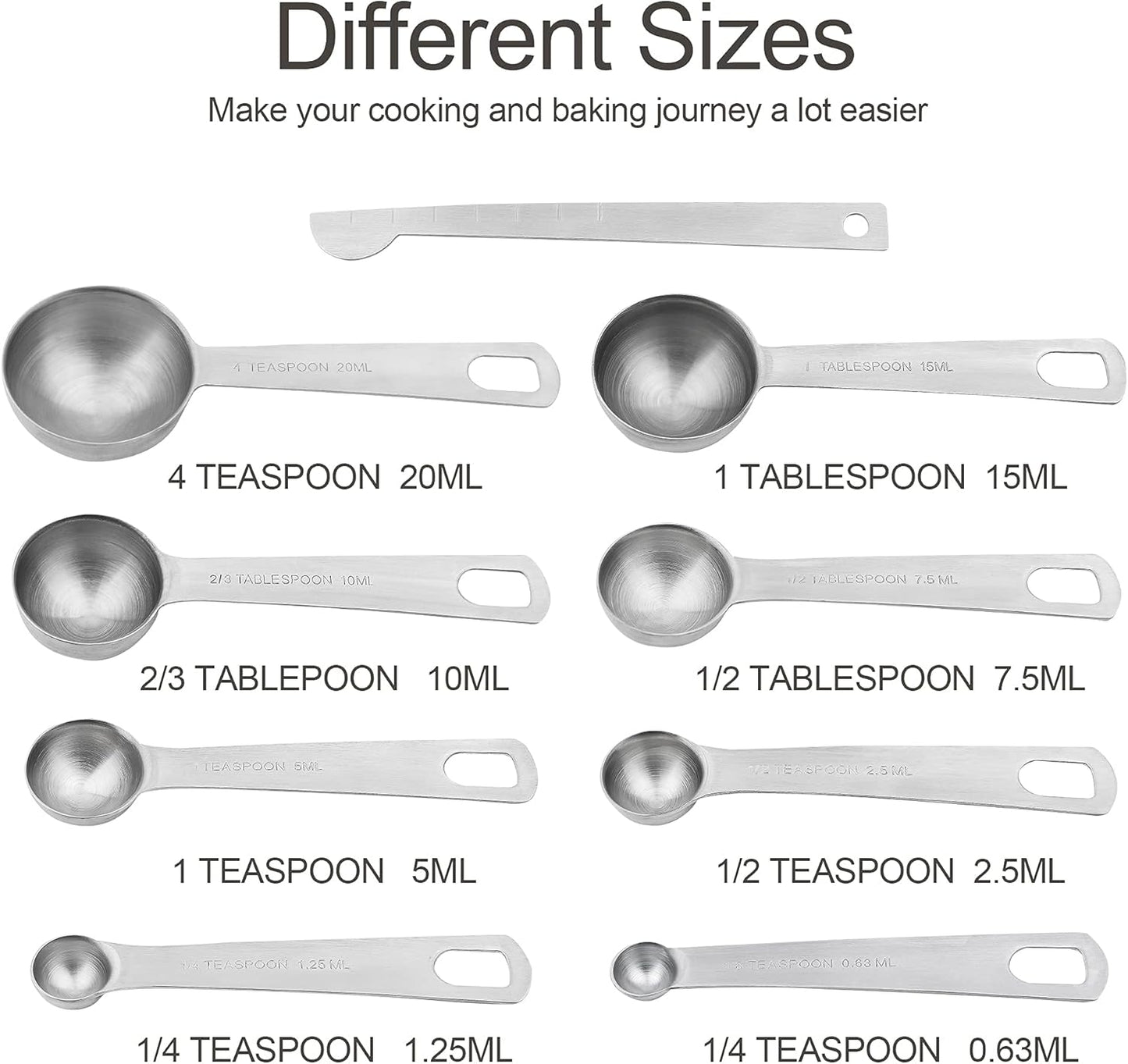 Measuring Cups and Spoons Set, Stainless Steel Measuring Cups, 18/8(304) Material Heavy Duty 7 Measuring cups and 8 Measuring Spoons 1 Leveler and 2 rings Pack 18pcs Per set