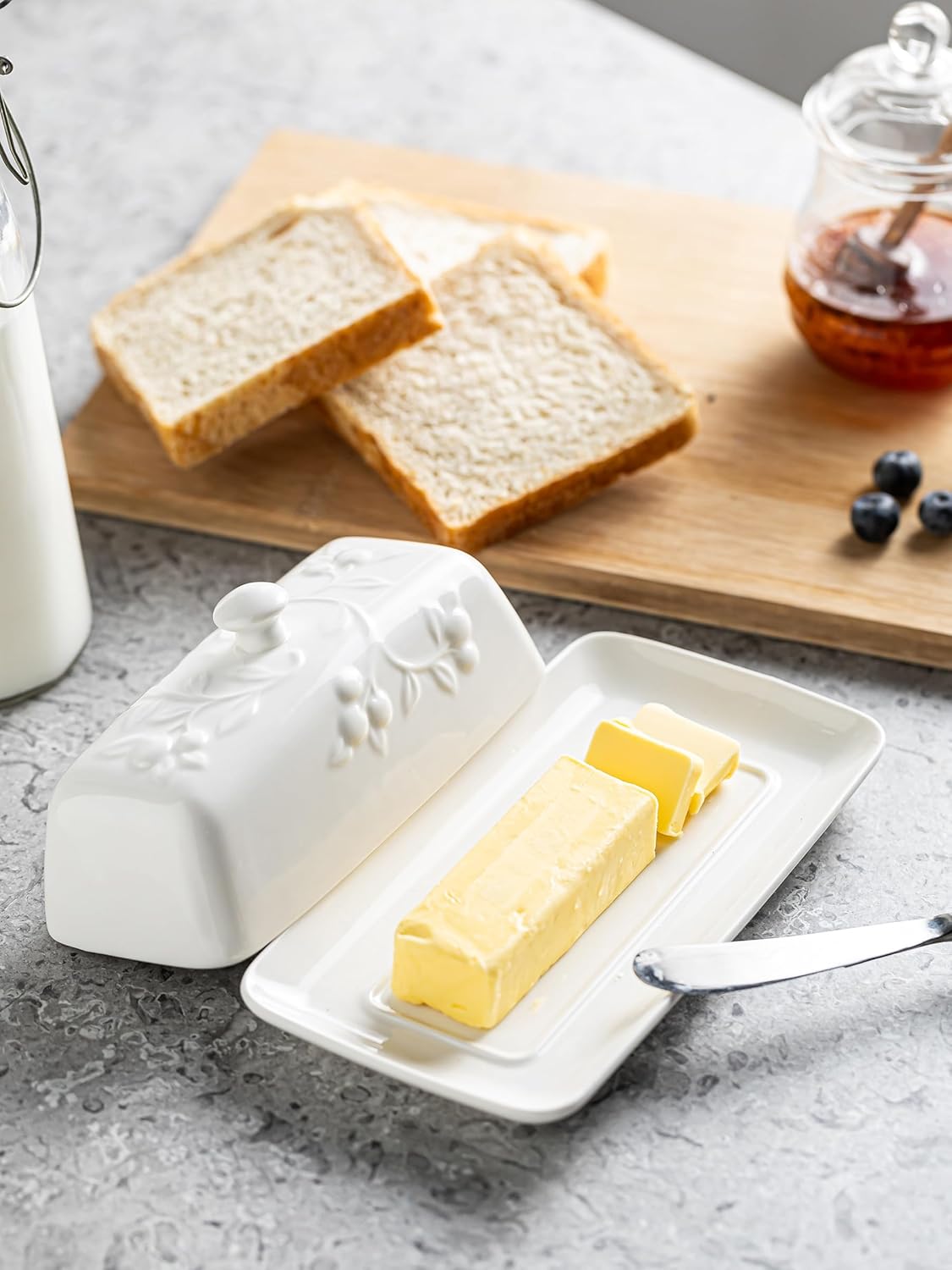 Butter Dish with Lid for Countertop, Ceramic Butter Dish with Knob Handle, Large Butter Holder Container for East West Coast Butter Storage, Cherry