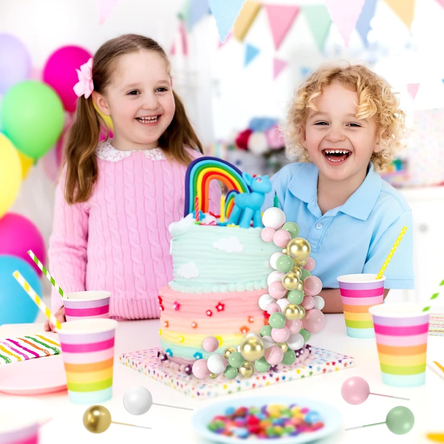 48 Pcs Balls Cake Topper Decorations Balloon Cupcake Toppers Foam Cake Topper Balls Cake Balls Decorations for Birthday Party Wedding Cake Decorating(Green,Pink,White,Gold)