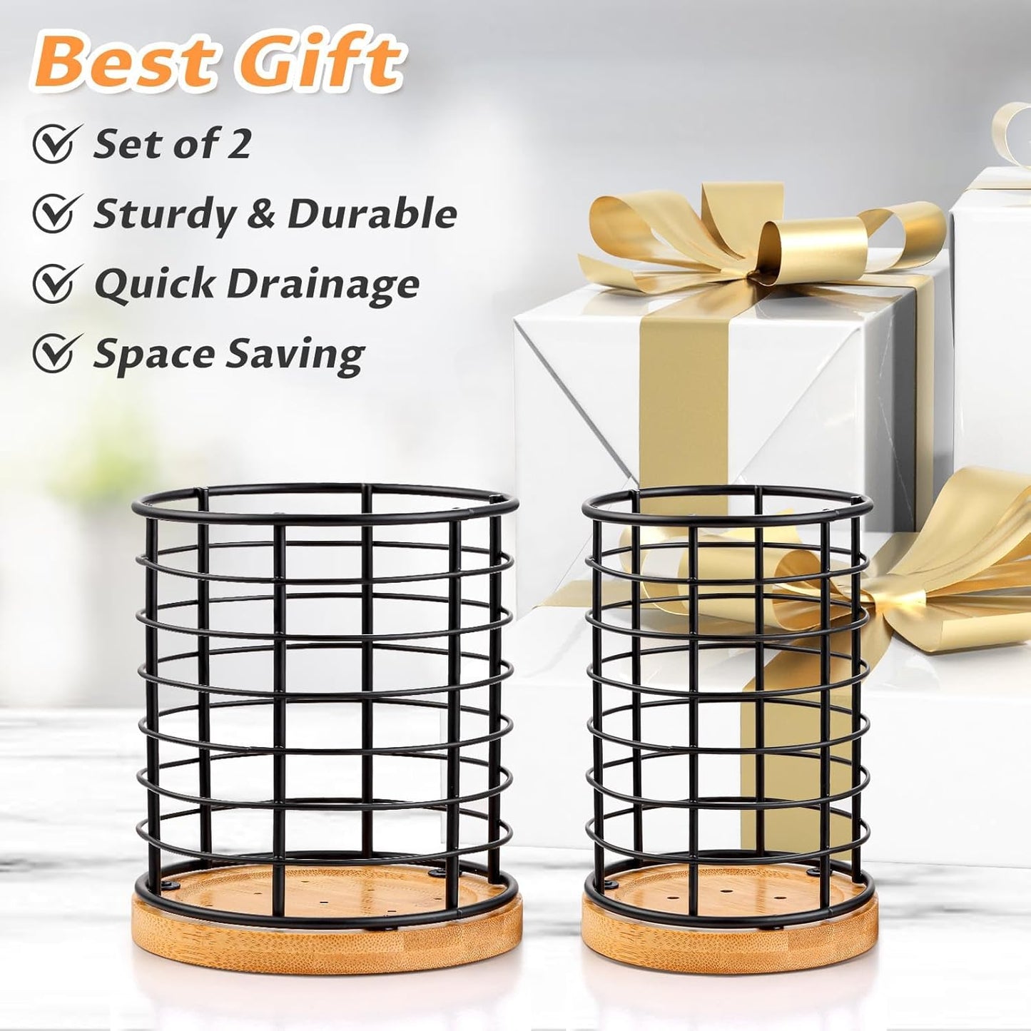 2 Pieces Utensil Holders, 5.1*5.1*5.8 and 3.7*3.7*5.8 inches Kitchen Utensil Holders, Metal Black Crocks with Wooden Base, Easy to Drain