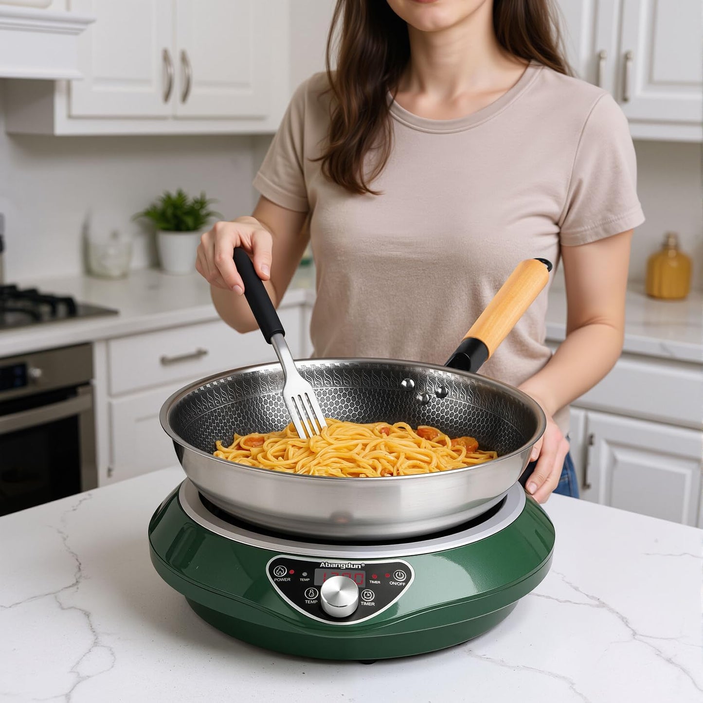 1700W/85V~120V Electric Wok Used For Home And Commercial,Induction Cooktop With Stainless Steel Pot Provide Quick Heat-up and Faster Cooking Times