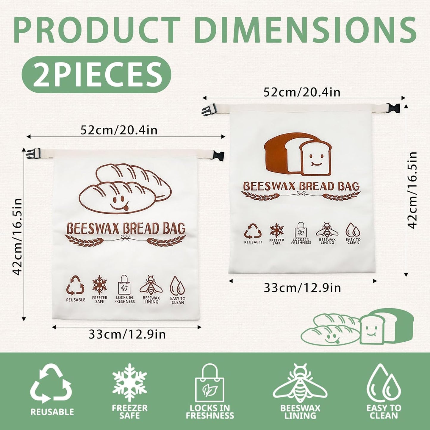 Beeswax Bead Bags, 2 Pack XL Reusable Bread Bags for Homemade Bread, Cute Design Linen Food Storage for Sourdough Homemade Loaf