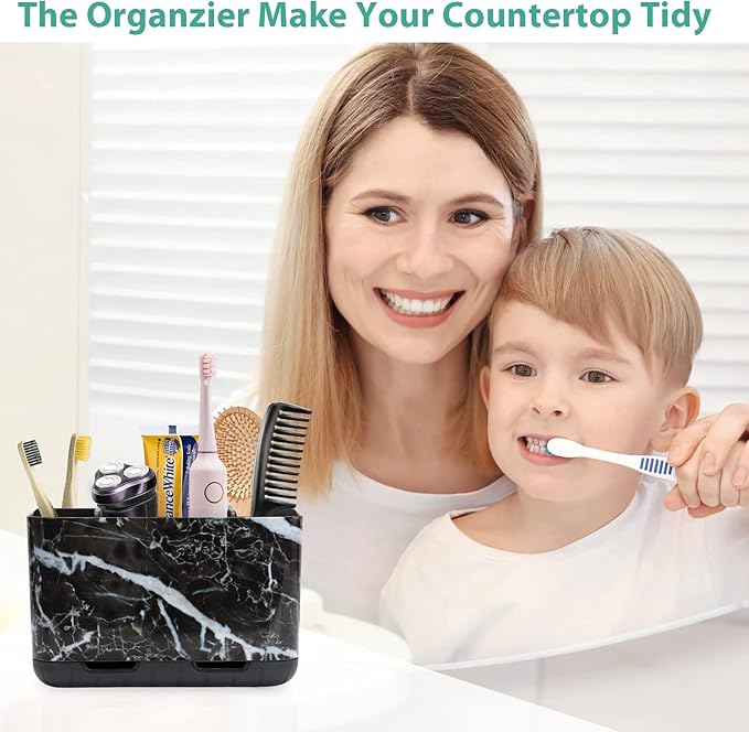 Boperzi Black Toothbrush Holder for Bathroom Toothpaste Organizer Countertop, Detachable Anti-Slip Marble Toothpaste Storage Caddy 6 Slots with Drainage Holes for Makeup Brush Razor Stand