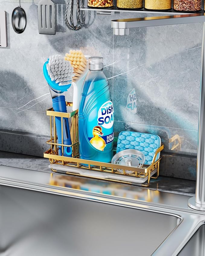 Consumest Sink Caddy, Kitchen Sponge Holder with Dish Brush Holder, Kitchen Sink Organizer with Drip Tray for Countertop, Stainless Steel Rustproof - Gold