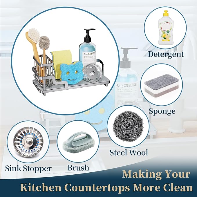 Consumest Sponge Holder for Kitchen Sink - Sink Caddy Organizer with Water Absorbing Stone Tray, Detachable Brush Holder, Stainless Steel Kitchen Counter Organizer Rack, Silver