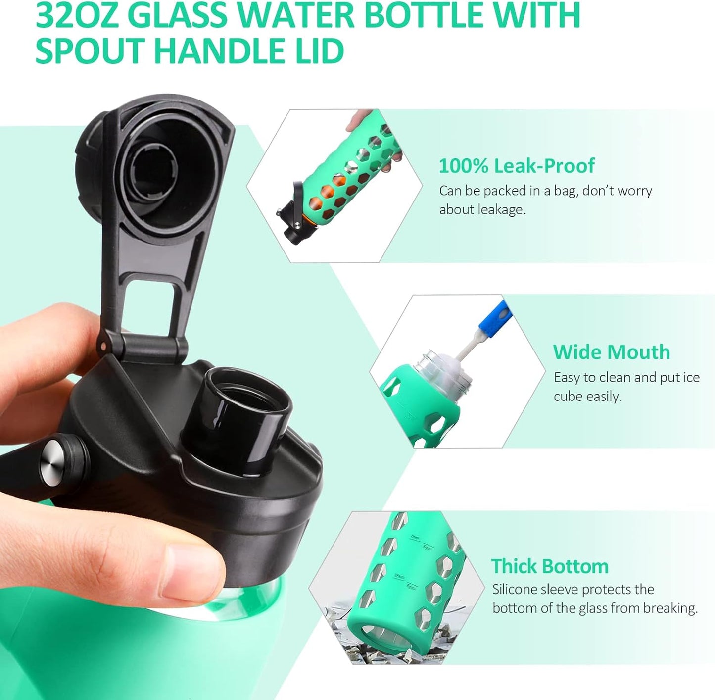 MUKOKO 32oz Glass Water Bottles with 2 Lids-Handle Spout Lid&Bamboo Straw Lid, Motivational Water Tumbler with Time Marker Reminder and Silicone Sleeve, Leakproof-Green-1 Pack