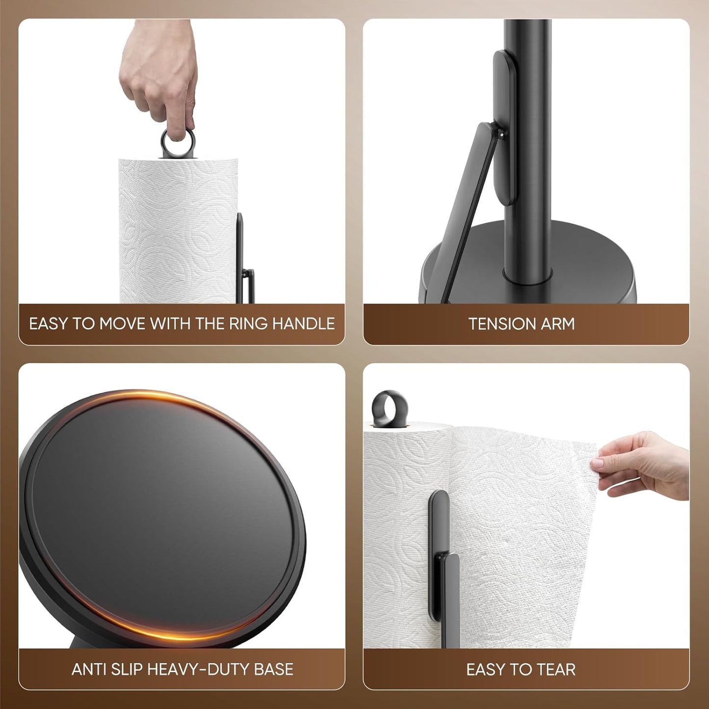 theaoo Heavy-Duty Stainless Steel Paper Towel Holder with Tension Arm – Easy One-Handed Tear, Modern Standing Countertop Dispenser for Kitchen, Holds All Paper Towel Rolls (1, Black)