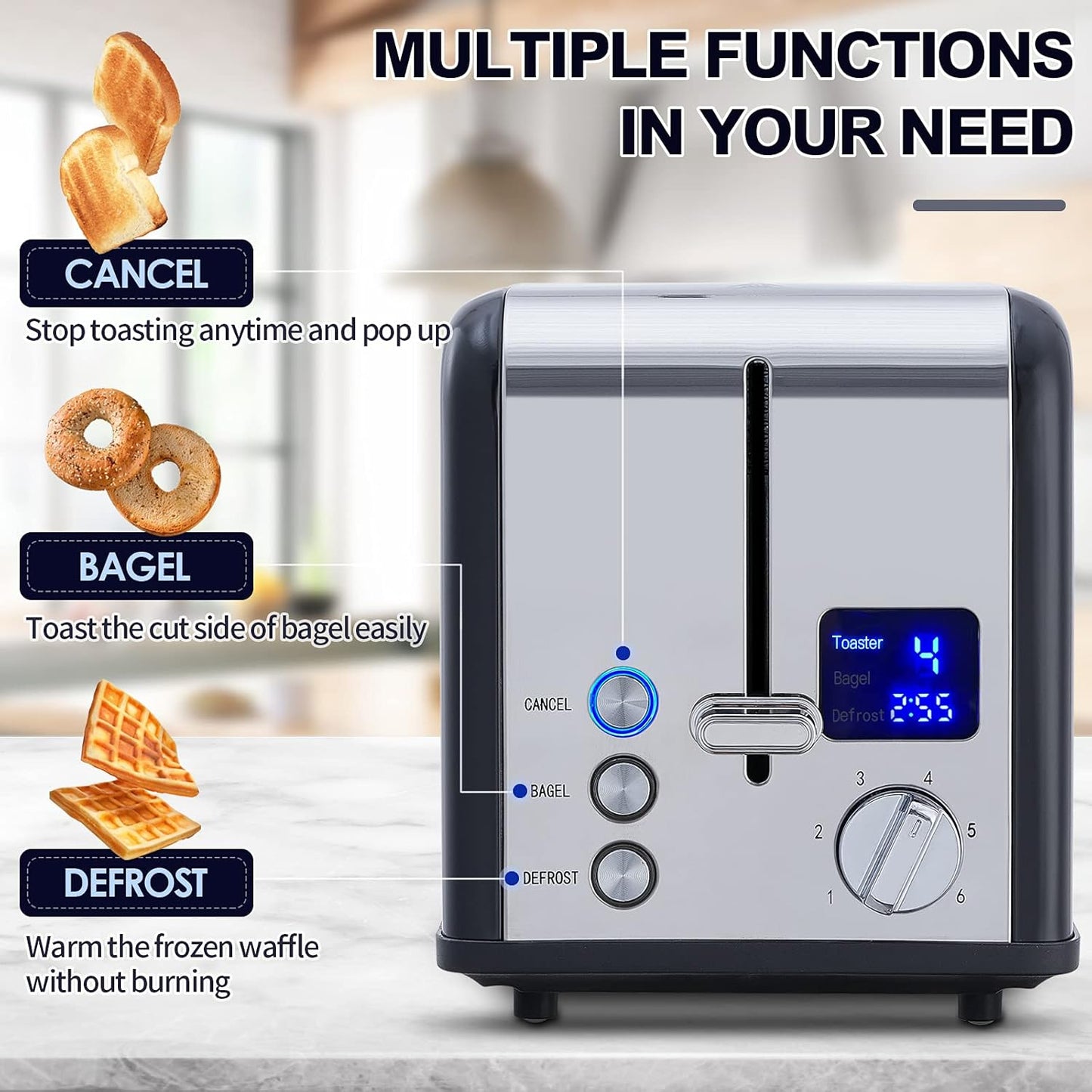 CUSIMAX 2 Slice Stainless Steel Toaster With Large LED Display, 1.5'' Extra-Wide Slots, 6 Browning Settings, Cancel/Bagel/Defrost Function, Removable Crumb Tray, Black