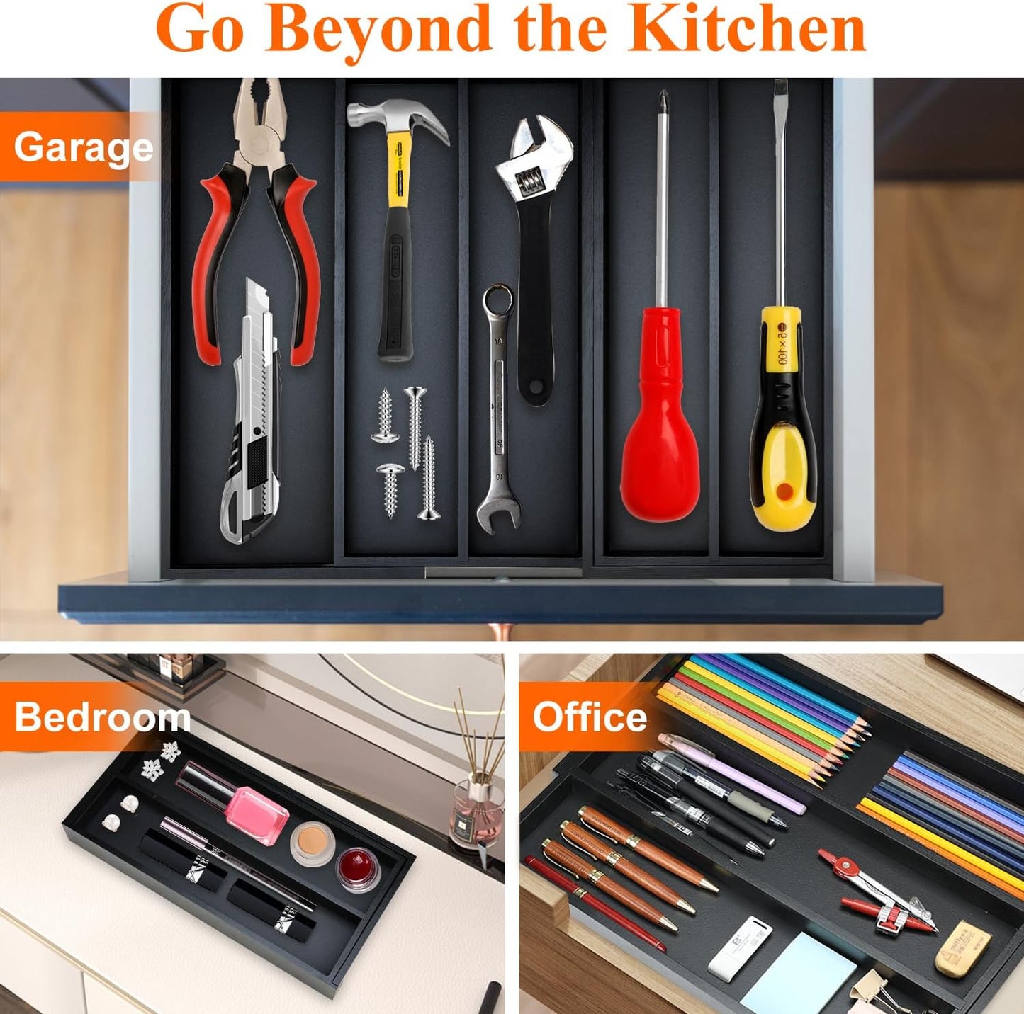 Bamboo Kitchen Tool Drawer Organizer Storage Black Cutlery Tray Expandable Silverware Drawer Divider Organizers Large Cooking Utensil Holder for Drawers Spoon Flatware Organizer Silverware Trays