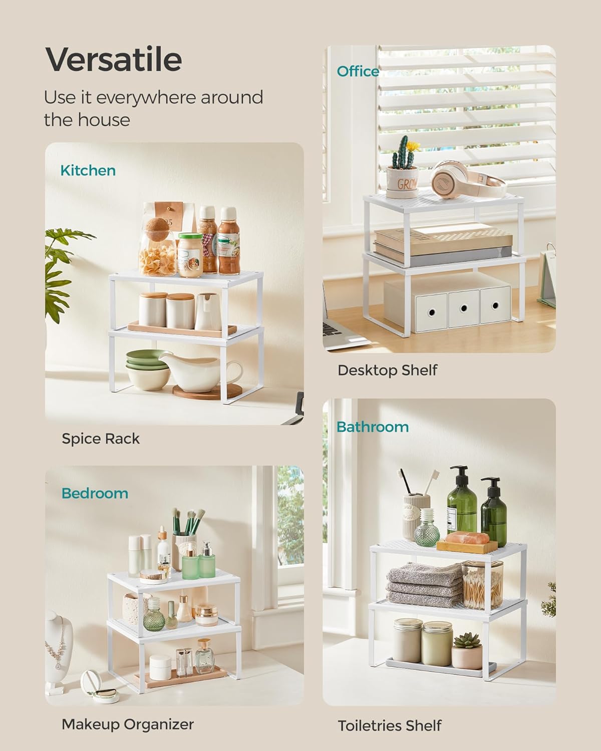 SONGMICS Spice Racks, Set of 2 Metal Cabinet Shelf Organizers, Countertop Organizers, Shelf Risers, Stackable, Expandable, White UKCS01WT