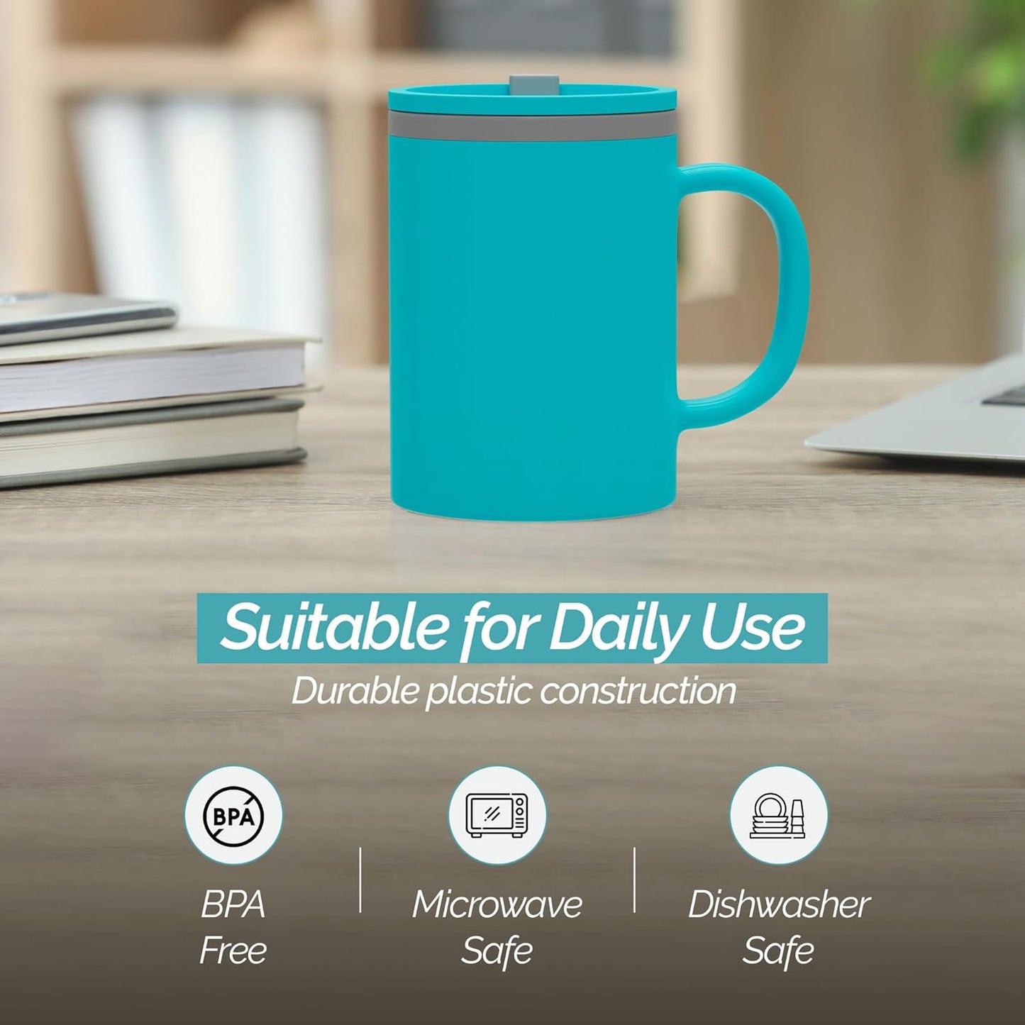 Copco Iconic 16oz Double Wall Insulated Desk Mug with Lid and Handle, Set of 2, BPA-Free Reusable Plastic, Spill-Proof, Microwave & Dishwasher Safe, Wide Mouth, Cup Holder Friendly (Aqua/Mint)