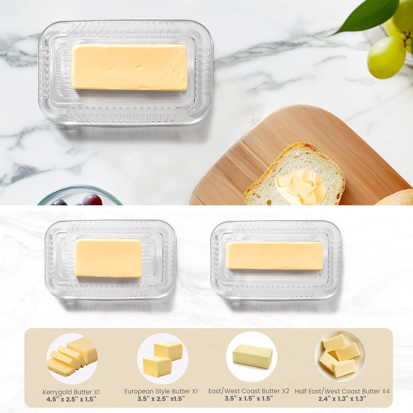 Wide Glass Butter Dish with Two Stick Butter for Countertop,Crystal Butter Container with Cover for Counter,Butter Tray Holder for Refrigerator,Large Glass Butter Keeper