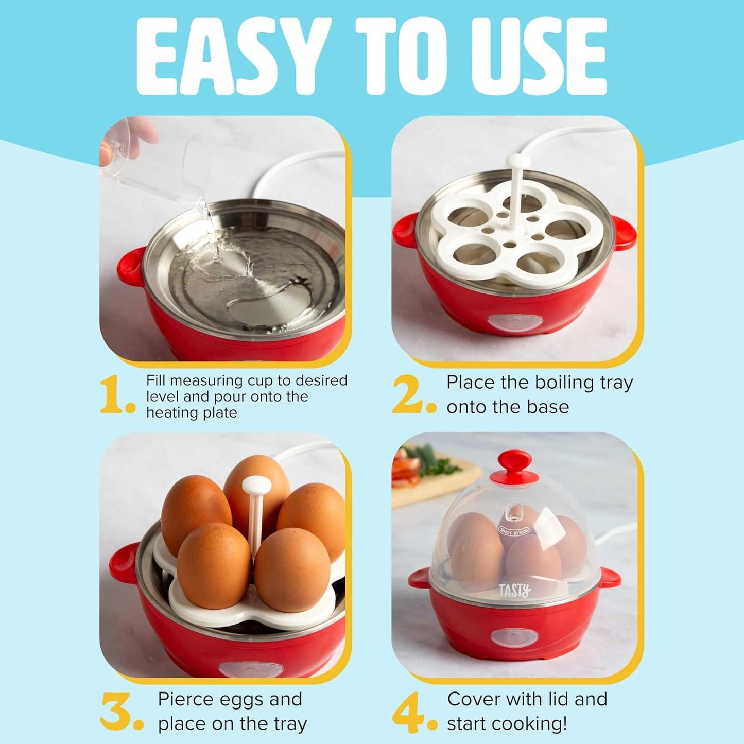 Tasty Mini Rapid Egg Cooker, 5-Egg Capacity for Perfect Hard Boiled Eggs or Omelets, Auto Shut Off, Red