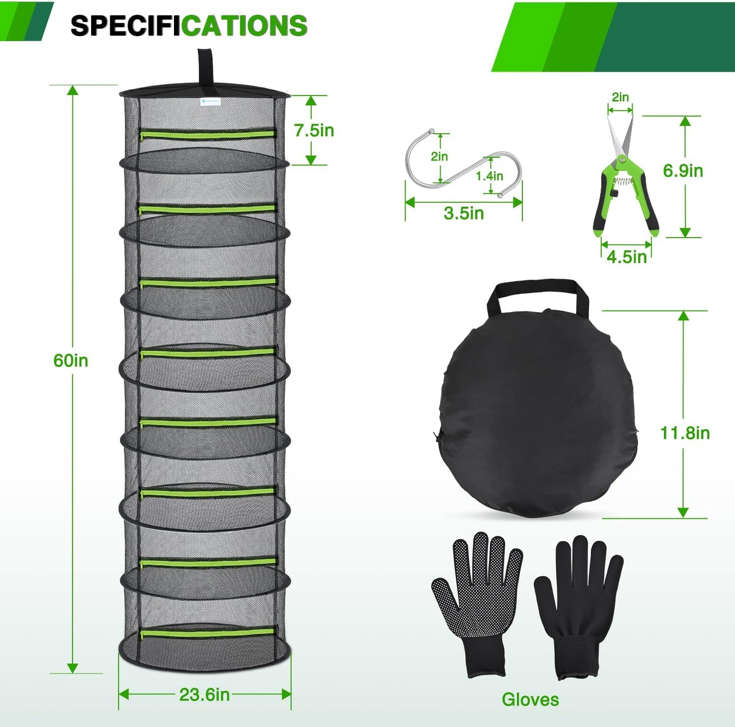 Yesker 8 Layer Herb Drying Rack Hanging Mesh Foldable Plant Drying Racks 24" w Green Zipper Pruning Shears Gloves Dryer Hanging Rack for Herbs Seed Bud Fruit Clothes Grow Tent Closets Garden Outdoor