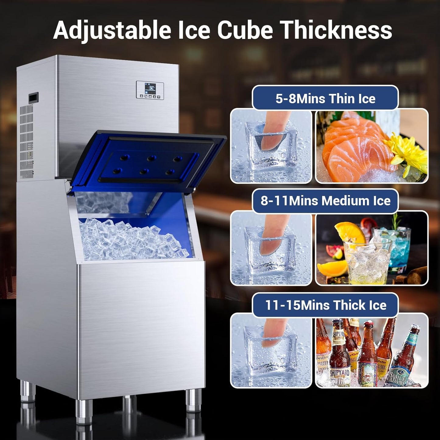 Commercial Ice Machine Maker 650lbs/24H, Large Capacity 400lbs, Stainless Steel Electric Ice Machine with Self Cleaning Function,12 Adjustable Ice Thicknesses