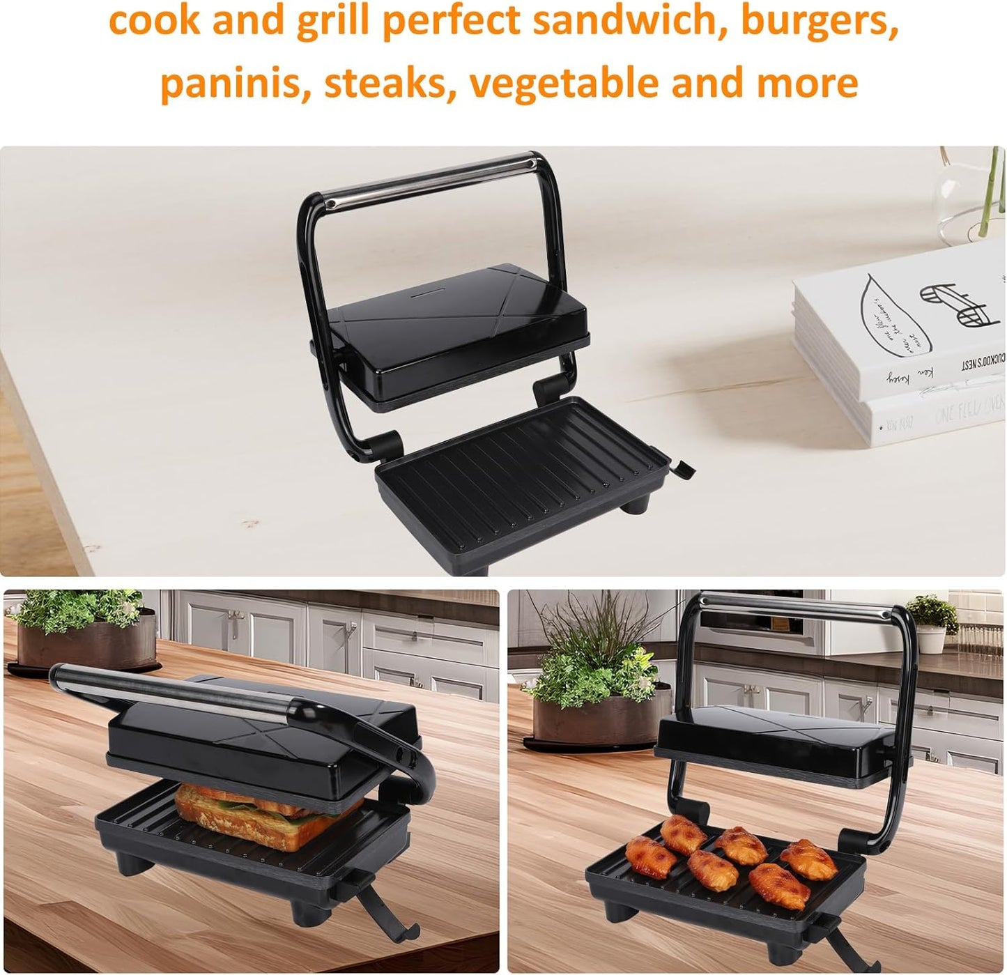 Sandwich Maker Panini Maker Electric Indoor Grill with Non-Stick Coated Plates, Opens 180 Degrees for Any Type or Size Food (H802D)