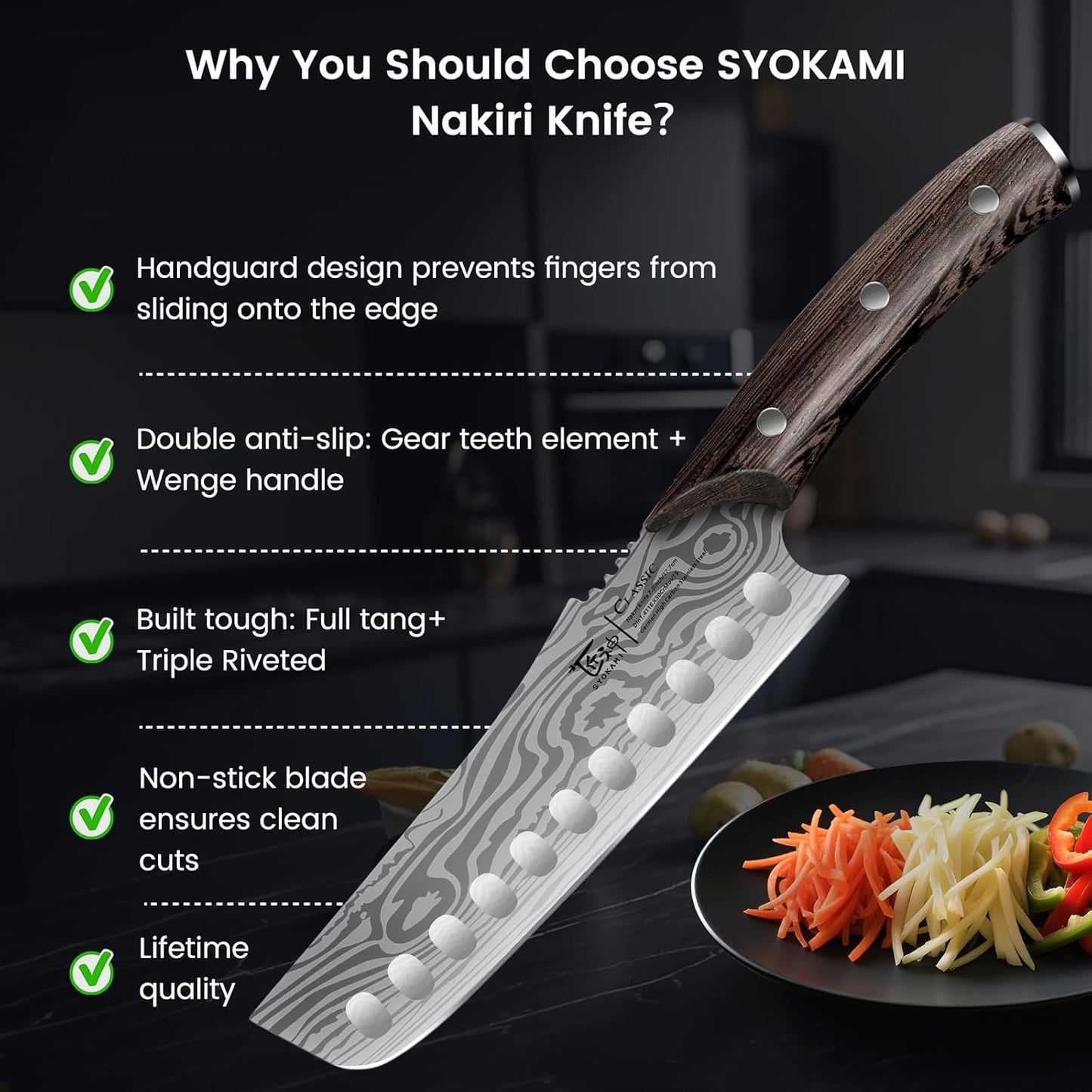 Nakiri Chef Knife, 7.2 Inch Japanese Style Vegetable kitchen Knife, Razor Sharp for Precision Cutting, Damascus Pattern, Ergonomic Full Tang Wooden Handle, Birthday Wedding Cooking Gifts