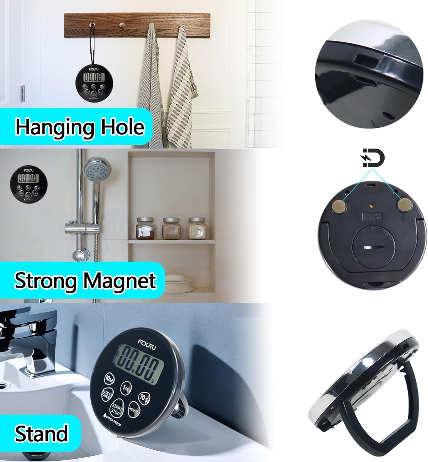 FCXJTU Digital Waterproof Shower Clock Timer, Bathroom Shower Countdown Timer for Kitchen Cooking with Alarm, Magnetic Back, Stand Silver Black