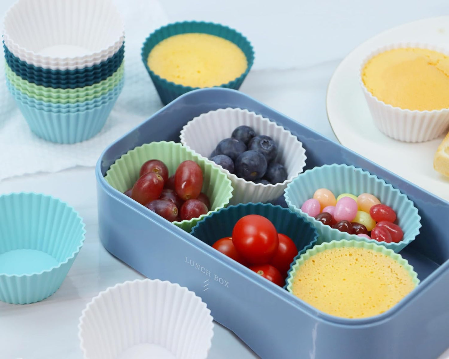 Large Silicone Baking Muffin Cups, 12 Pack Reusable Cupcake Liners Jumbo Size 3.54inch Cake Molds, BPA Free, Dishwasher Safe(White, Green, Navy, Dusty Blue)