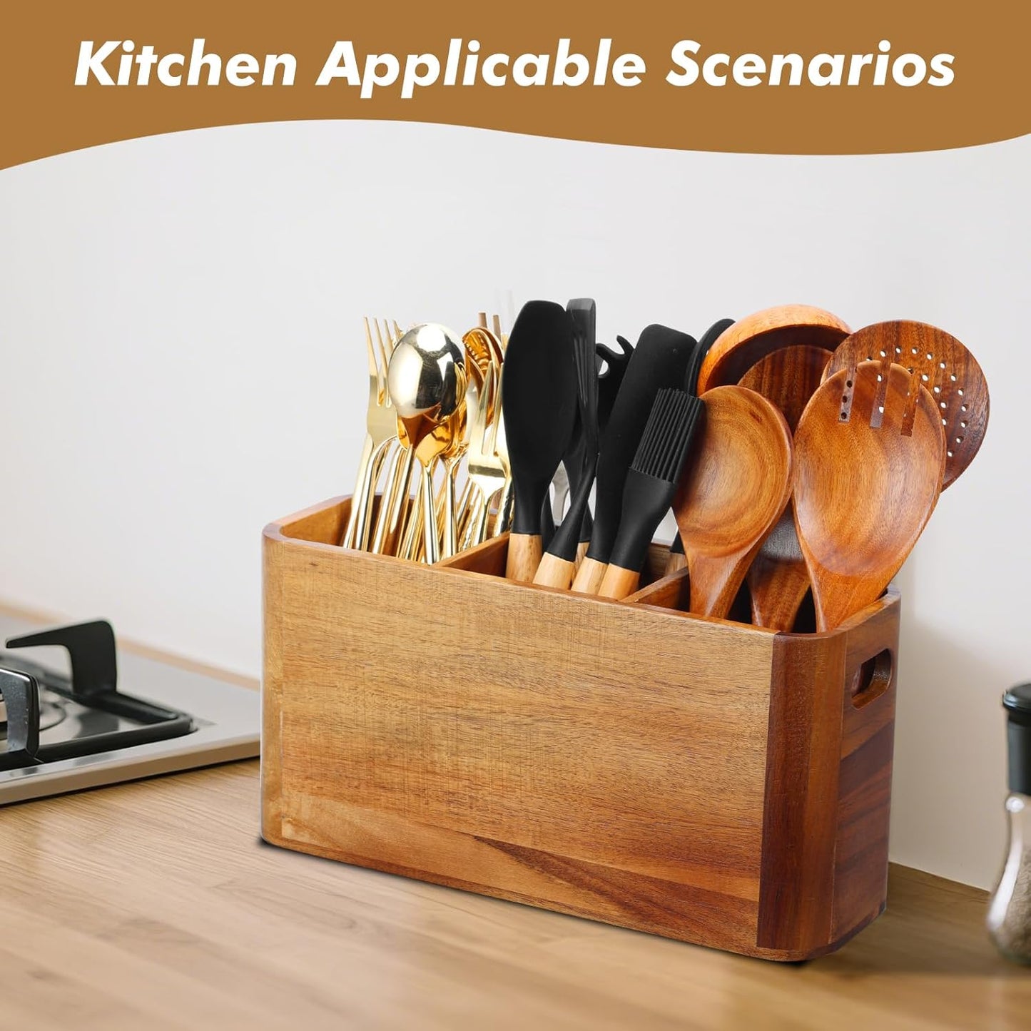 Kitchen Utensil Holder for Counter or Countertop, Extra Large Acacia Wood Organizer with 3 Compartments, Wooden Storage for Cooking and Silverware, Rustic Minimalist Decor, Sturdy Utensil Crock