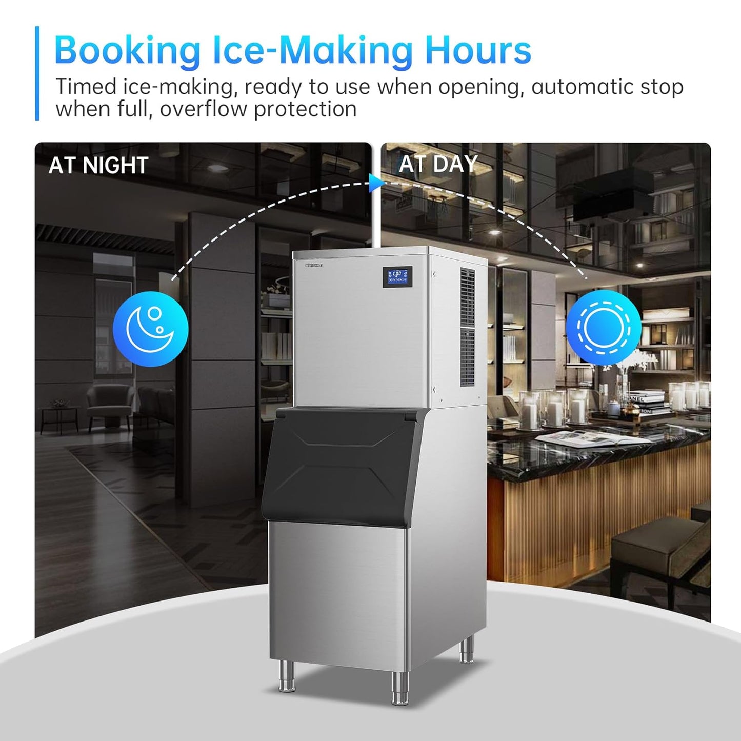 Commercial Ice Maker Machine, 500 lbs /24 h, 330 lbs Storage Bin, Stainless Steel, Automatic Cleaning, Blue Ray, Perfect for Bar or Business, Includes Ice Shovel, Connection Hose