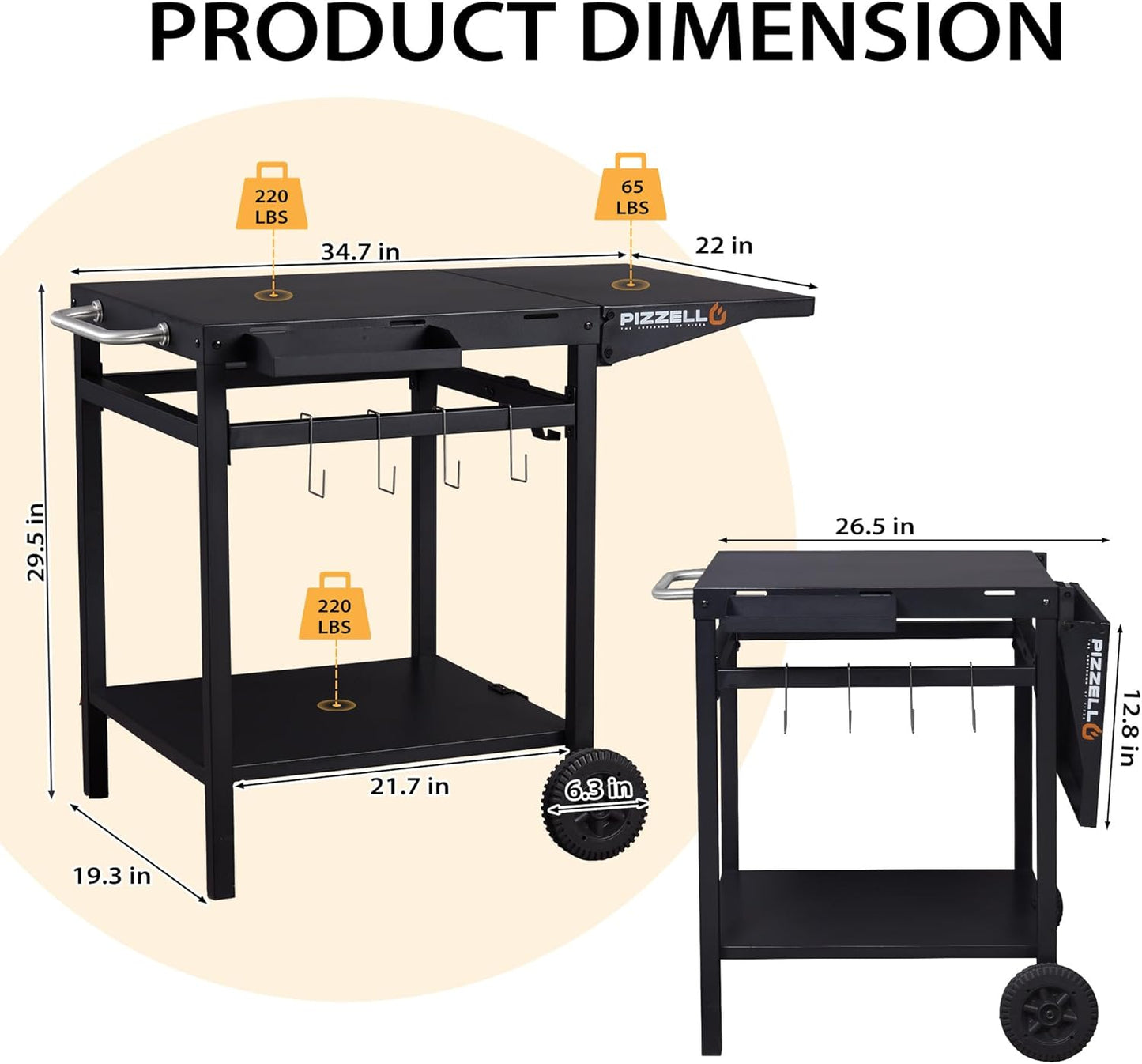 Garden Cart 2 Layers Grill Cart for Outdoor Foldable Shelf Worktable Outside Kitchen Pizza Oven Stand Trolley with Handle, Wheels, and Hooks