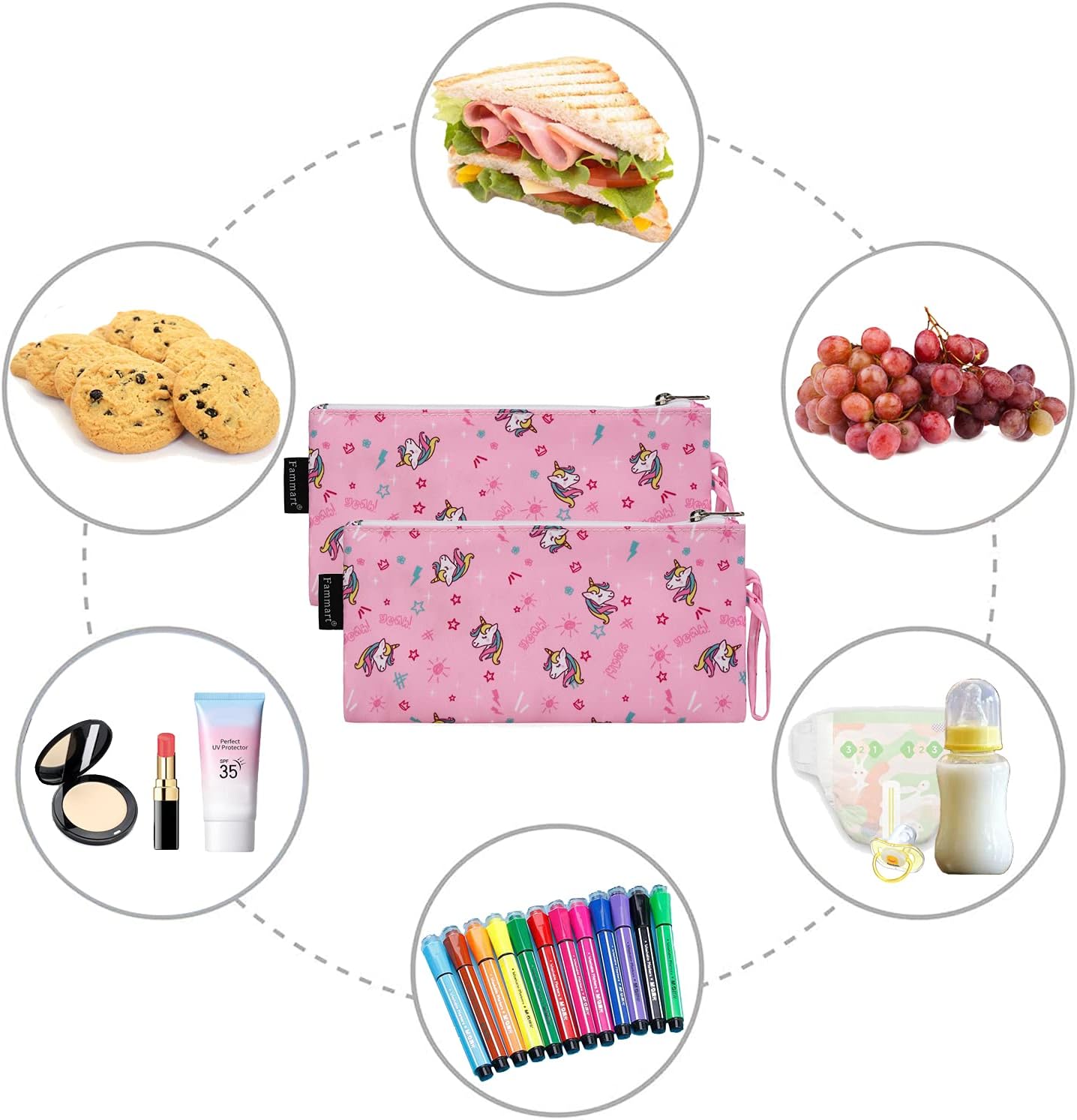 Reusable Sandwich Bag/Snack Bag for Kids & Adults, Dual Layer Lunch Bag with Handle, Washable, Food Safe, BPA Free (2-Pack, Unicorn)