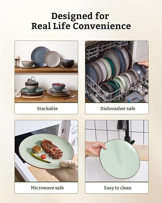 Famiware Venus Plates and Bowls Sets, 12 Pieces Stoneware Speckled Dinnerware Sets, Dishes Set for 4, Microwave and Dishwasher Safe, Matte Light Green