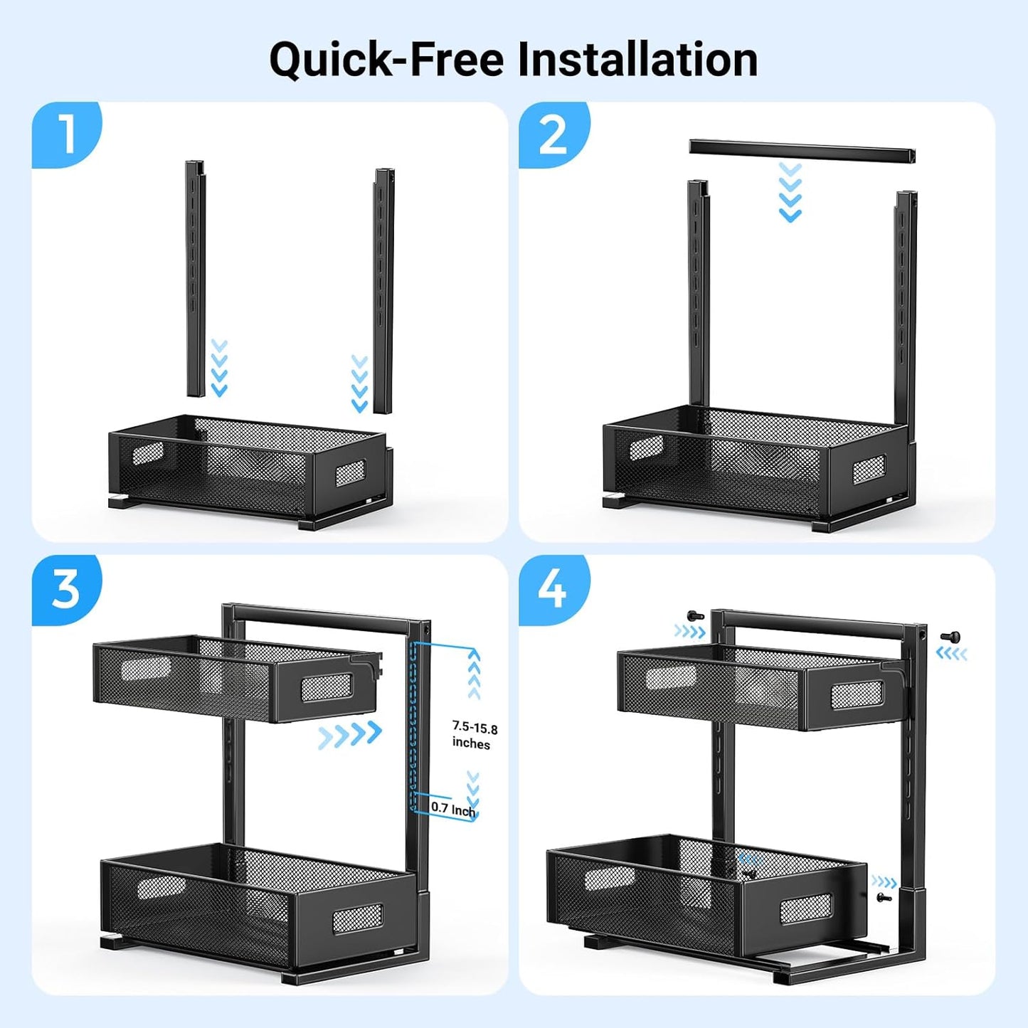 Under Sink Organizer, 2-Tier Metal Under Sink Organizers and Storage, Slide Out Pull Out Cabinet Organizer for Kitchen, Bathroom, Pantry, Laundry, Study, Black