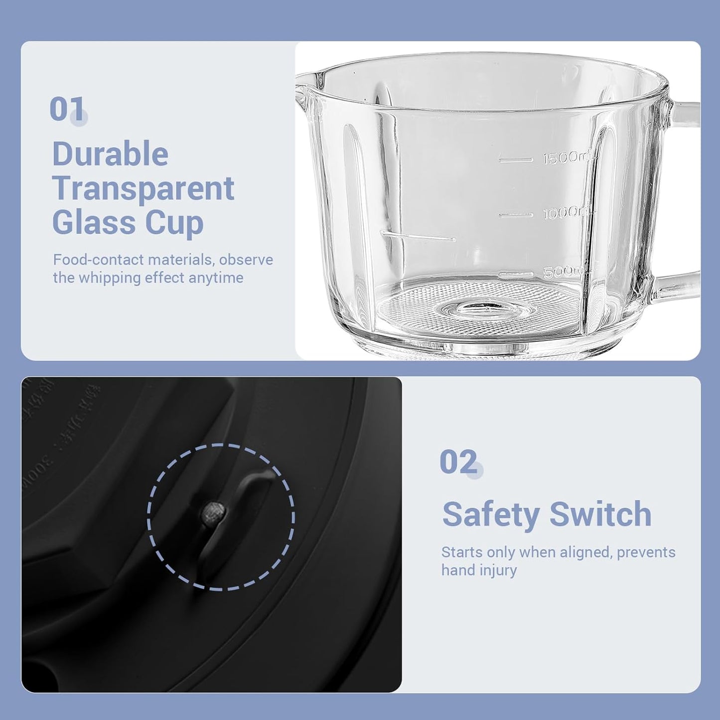 Bear Food Processor, Electric Food Chopper with 8 Cup/2L Handheld Glass Bowls, No-Hole 4 Bi-level Stainless Steel Blades for Easy Cleaning, 2 speed 250W Power Motor Grinder for Meat, and Baby Food