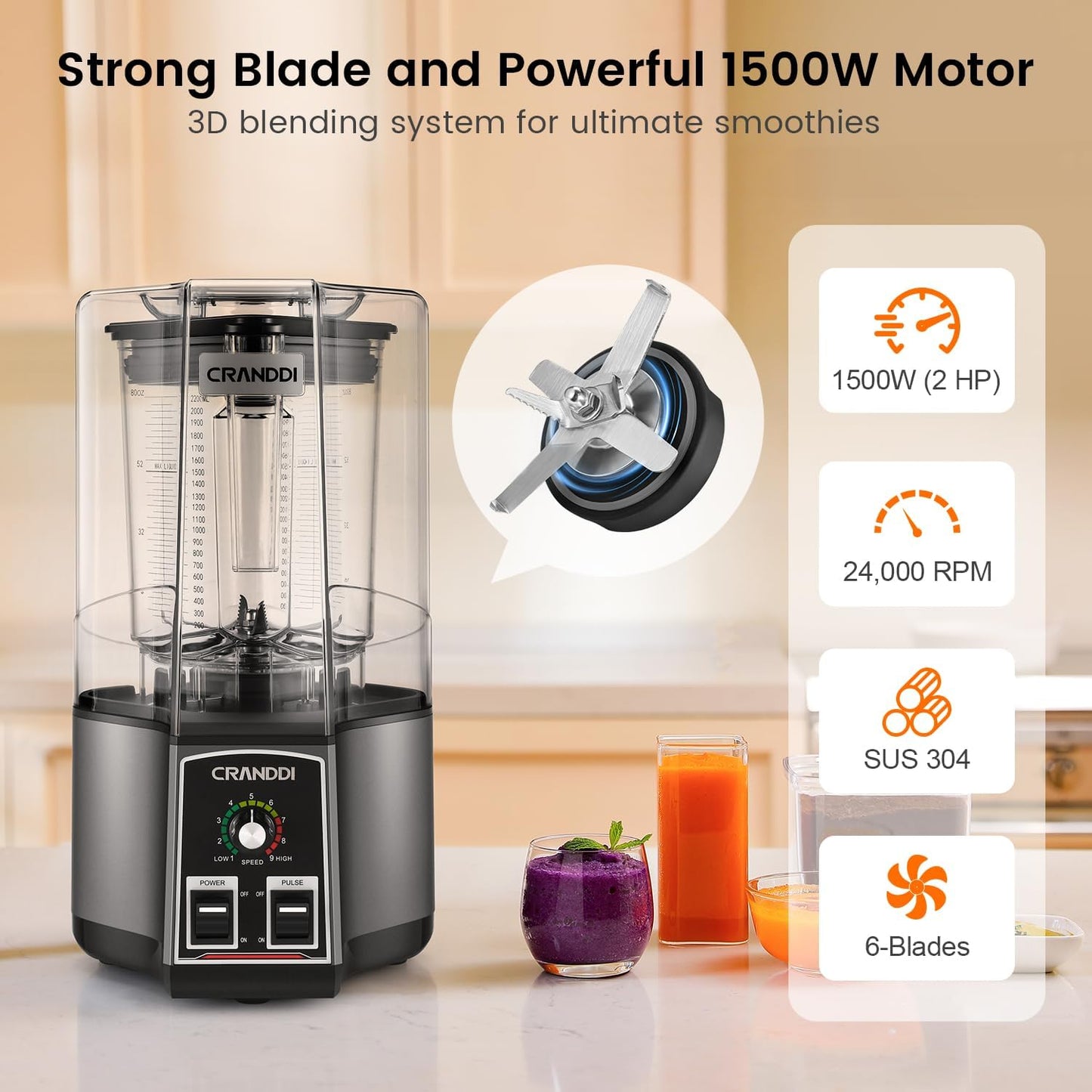 CRANDDI Commercial Blender for Crushing Ice, Chopping, Grinding, Blending, 1500W 80oz Blender with Tamper and Removable Soundproof Cover, K85 (Grey)