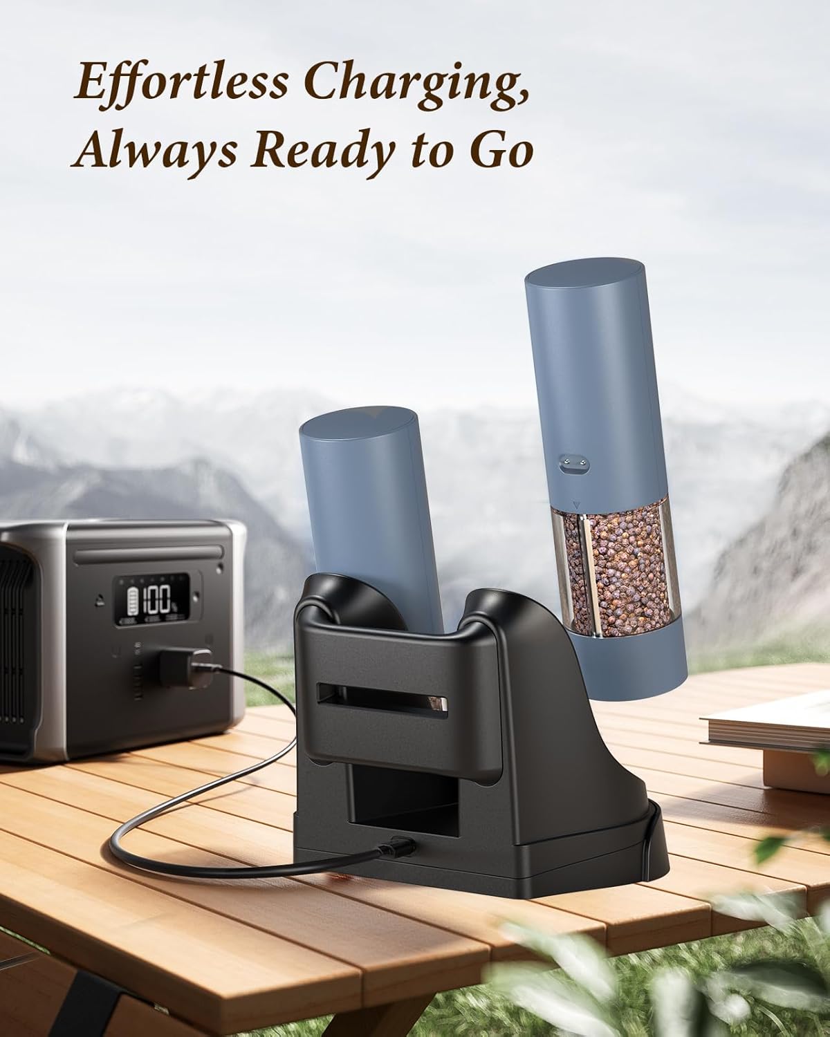 Electric Salt and Pepper Grinder Set - Automatic Refillable Salt and Pepper Grinders with Charging Base & LED Light, 6-Level Adjustable Coarseness with External Dial, Ideal Kitchen Gadget๏ผBlue