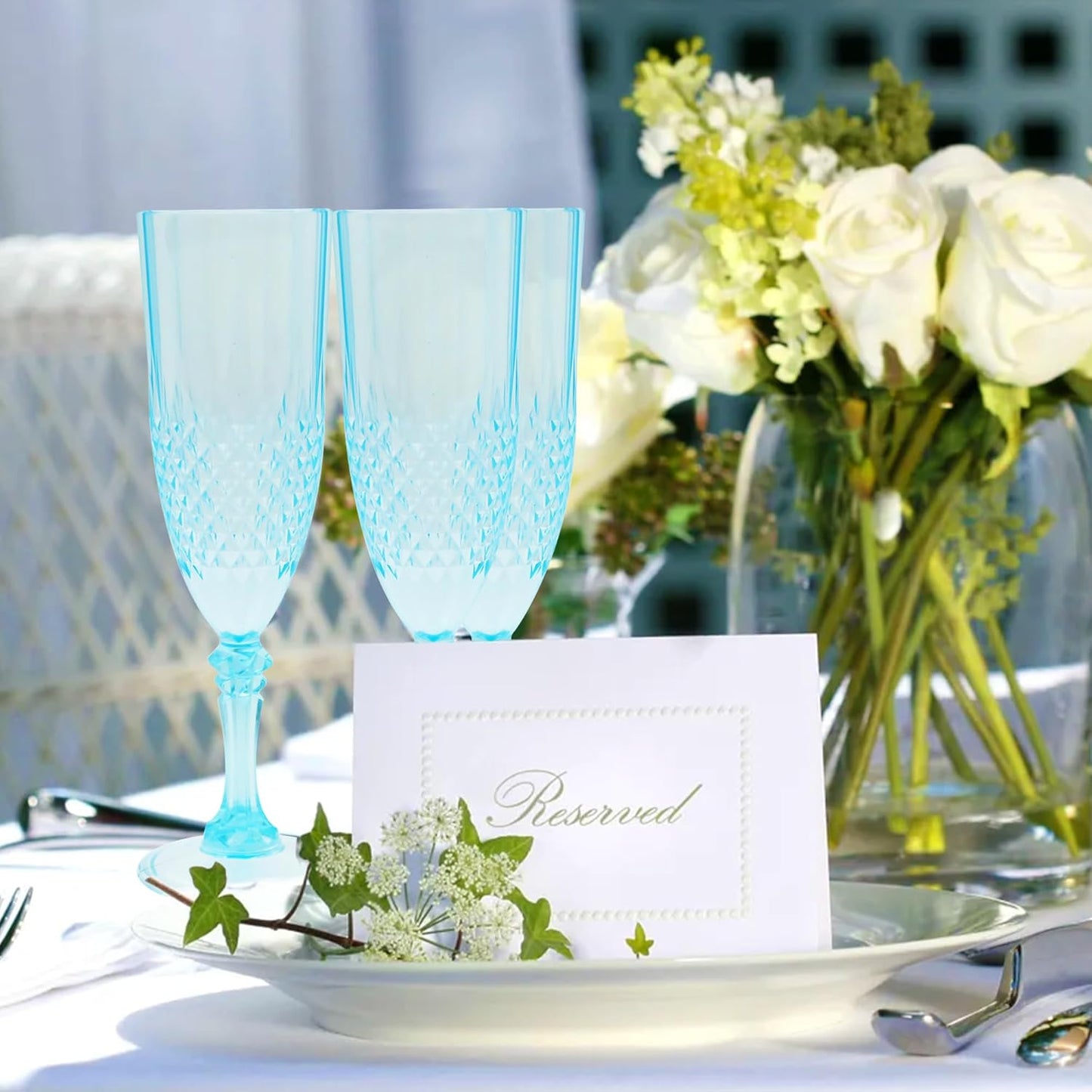 Plastic Champagne Flutes, 24PCS Light Cyan Wine Glasses Goblets Reusable Champagne Flute for Weddings, Bachelor Parties, Toasting, and Events(24,Light Cyan)