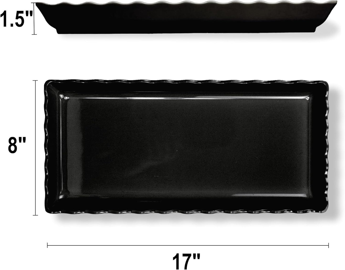 KAQAHIDO 17" x 8" x 1.5" Black Serving Tray Set, Wave Edge Melamine Platters for Cookie, Appetizer, Charcuterie, Snack, Dessert, Party Food Display, Stackable, Set of 2