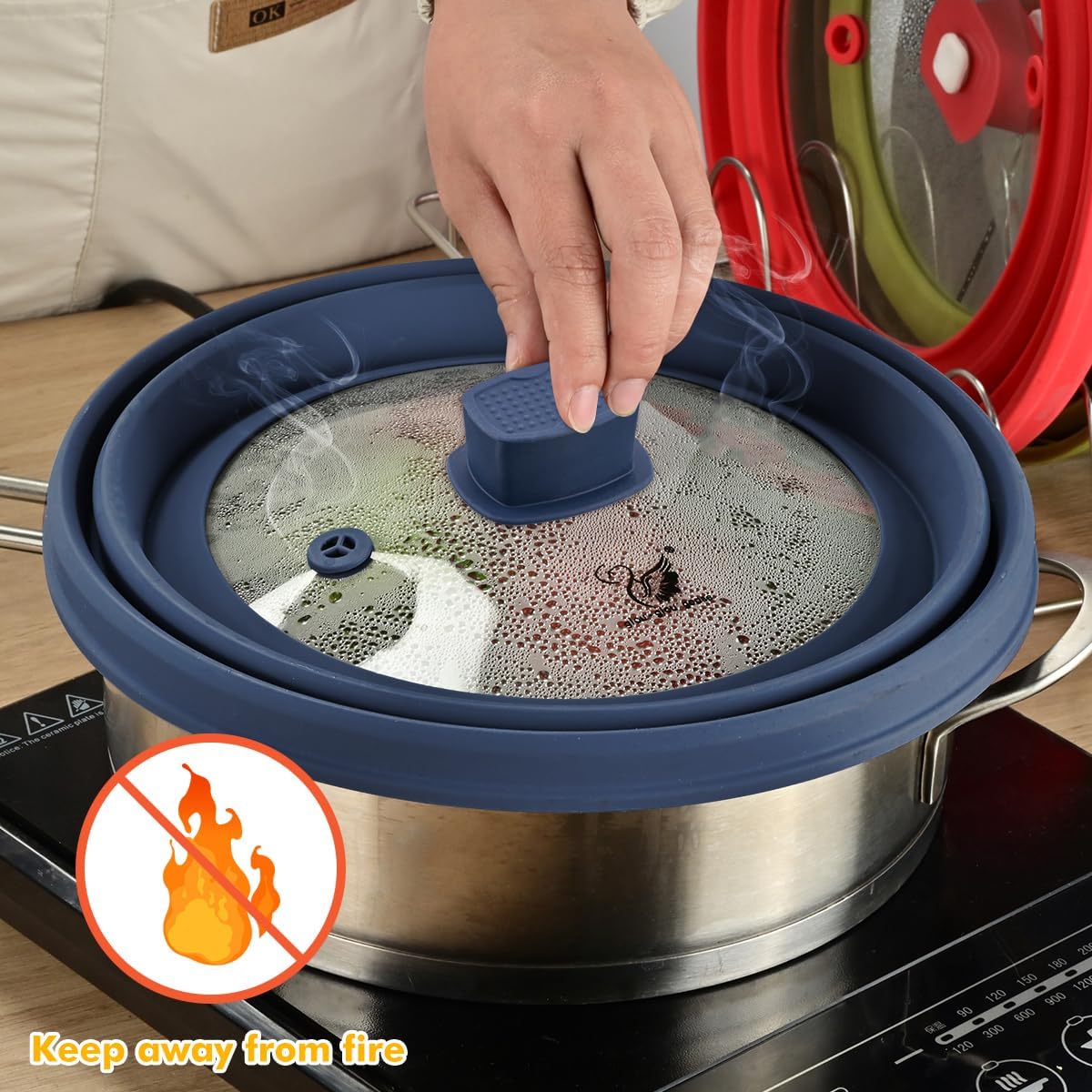 Microwave Splatter Cover Glass Guard Lid with Collapsible Silicone for Food Pot Plate Cover 9.8 inch Dark Blue