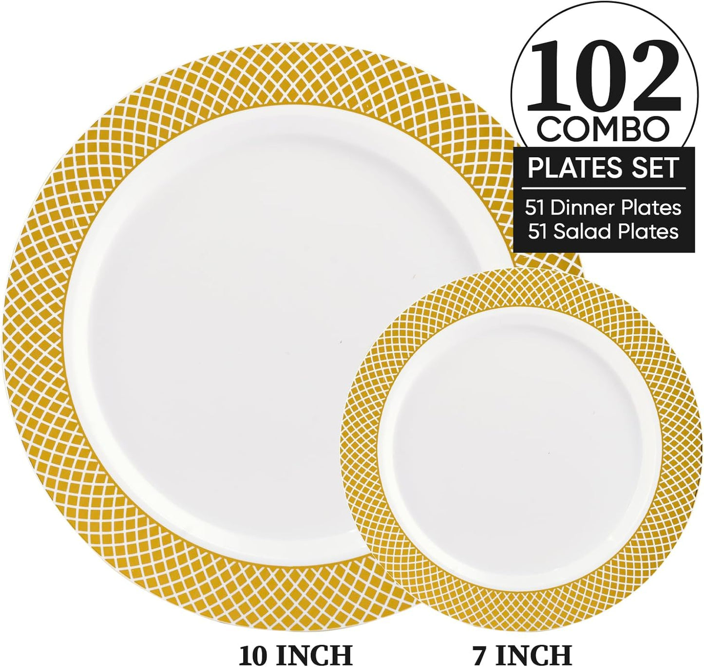 FOCUSLINE Gold Plastic Plates Set of 102, Disposable Plates with Gold Grid Rim 51 Dinner Plates 10" and 51 Salad Dessert Appetizer Plates 7", Elegant Fancy Heavy Duty Wedding Party Plates