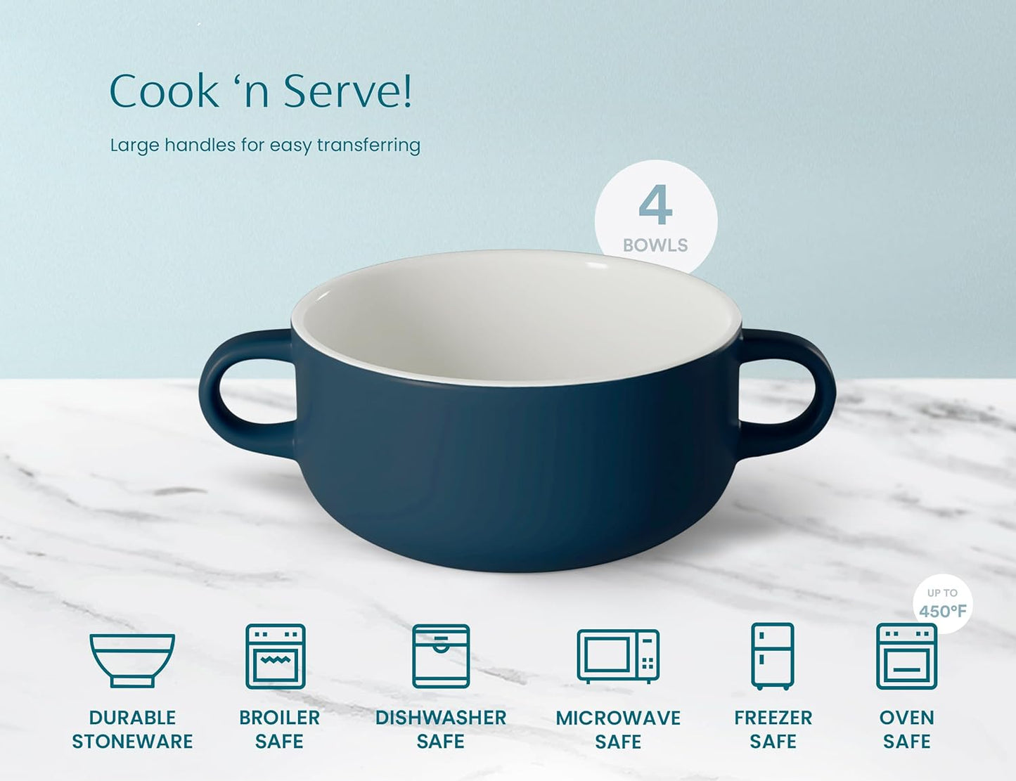 Kook Soup Crocks, Ceramic Bowls, Broil, Oven, Microwave and Dishwasher Safe, with Handles, For Casserole, Pasta, Cereal, 18 oz, Set of 4 (Navy)