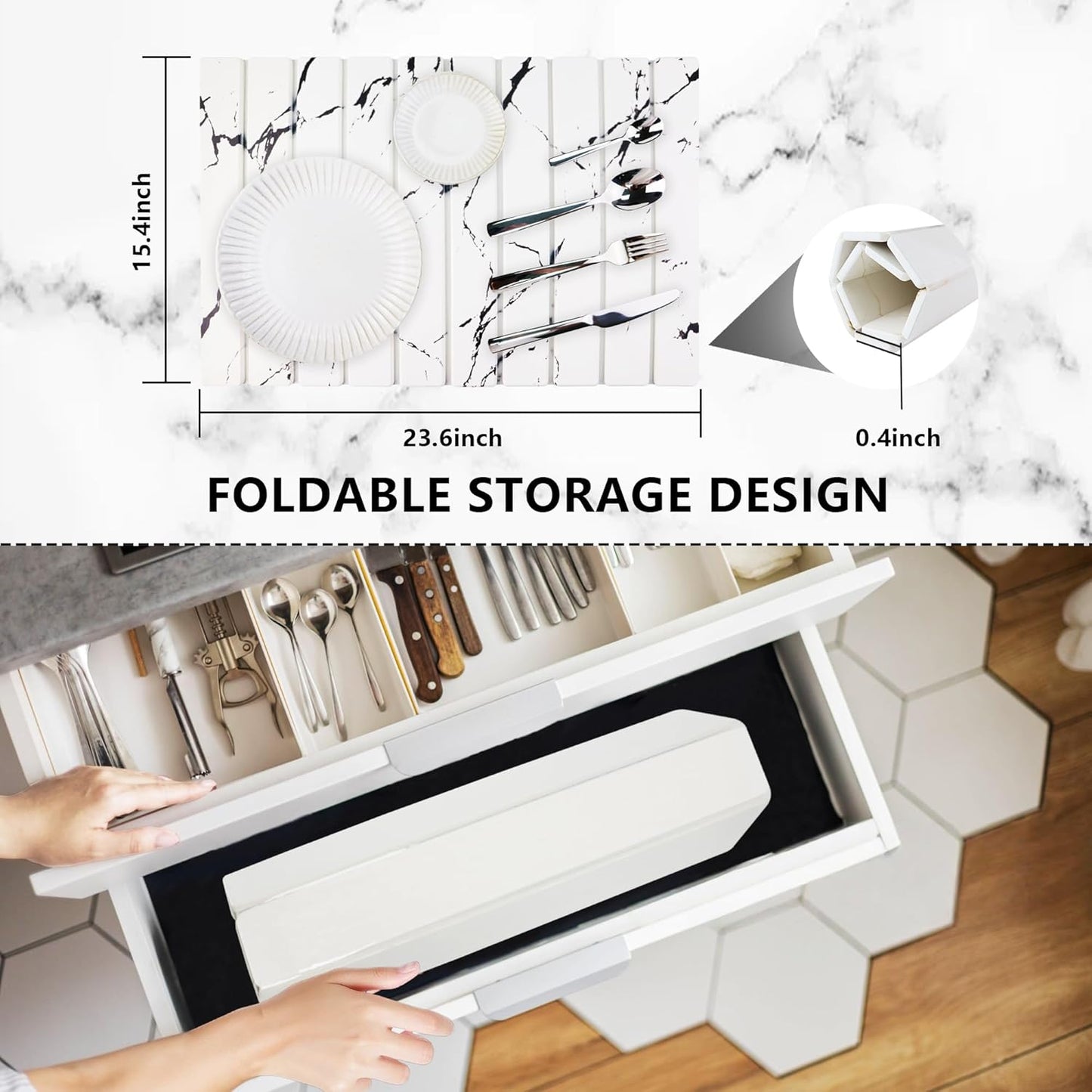 Large Stone Drying Mat for Kitchen Counter Diatomaceous Earth Collapsible 24”(L)*16”(W)Super Heat Resistant Mats, Quick Absorbent Dish Drying Rack(Gray marble)