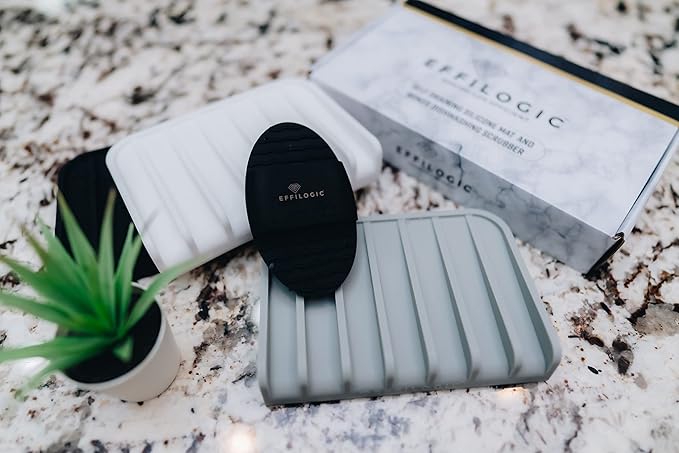 Effilogic Silicone Sponge Holder – Self-Draining Kitchen Sink Organizer, Quick Dry Mat and Counter Protector – Dishwashing Accessories for Sponges, Brushes, and Soap - Medium Black