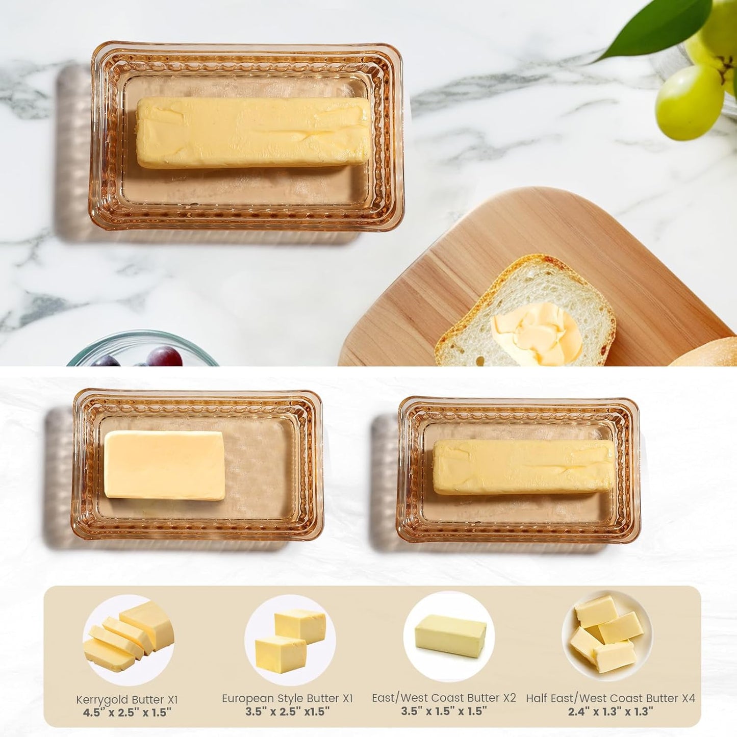 Wide Glass Butter Dish with Cover for Countertop Vintage Crystal Butter Holder for Counter Covered Glass Butter Keeper Butter Holder for Refrigerator,Butter Tray with Two Stick 4oz Butter